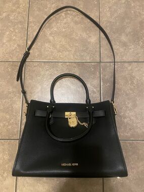Michael Kors Black Leather Satchel with Gold-Tone Lock